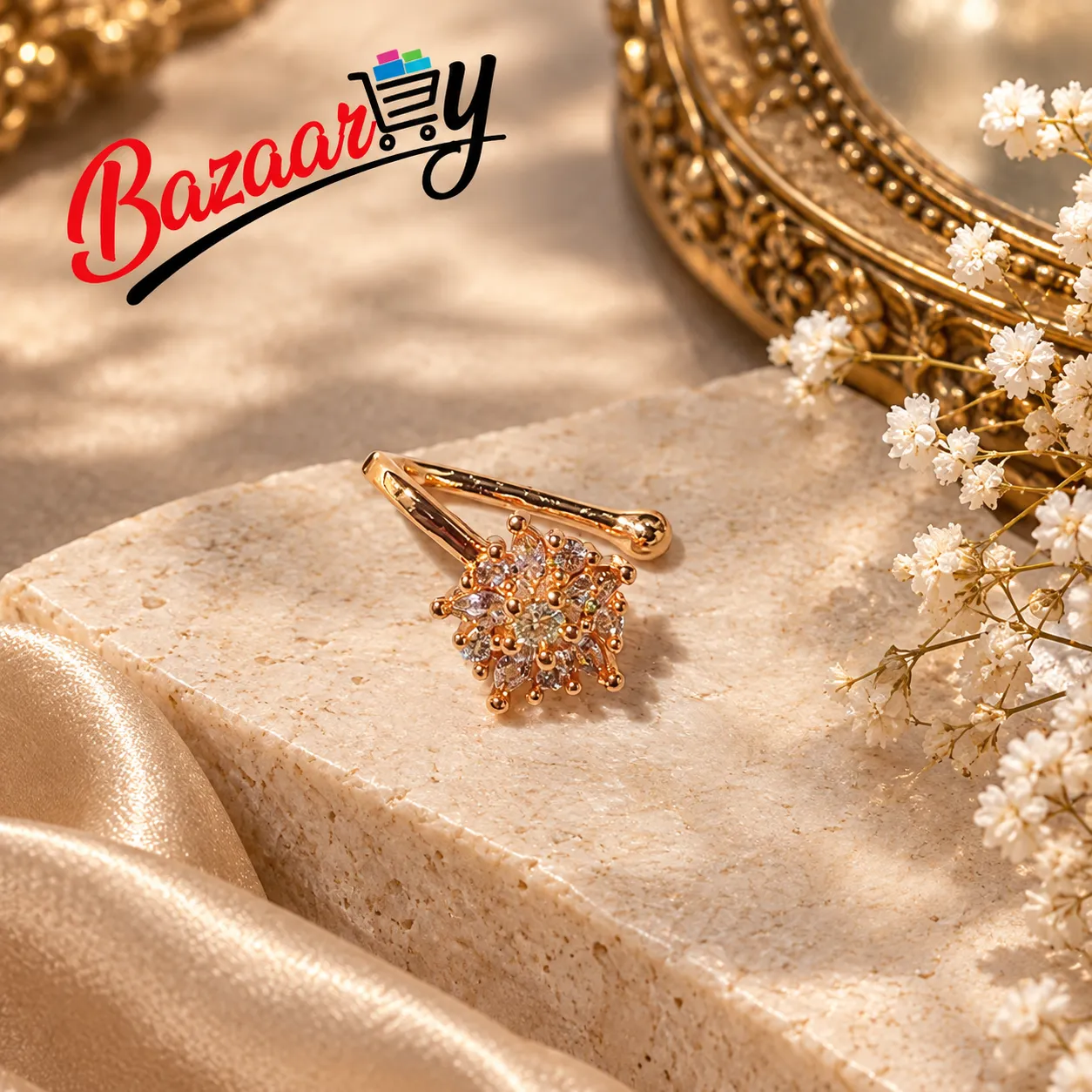 Elegant Gold Tone Floral Crystal Ring for Women – Stylish Fashion Jewelry